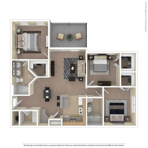 Floor plan for 3 beds, 2 baths, 1306 sqft